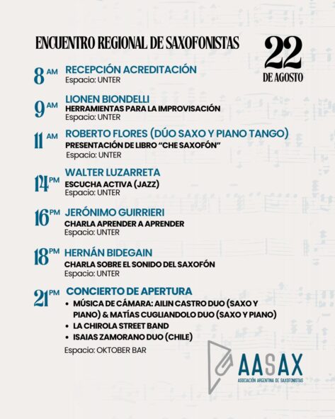 Ya esta disponible la grilla completa del Encuentro Regional de Saxofonistas en General Roca 22, 23 y 24 de Agosto!